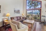 Mammoth Condo Rental Meadow Ridge 24: Living room with access to deck